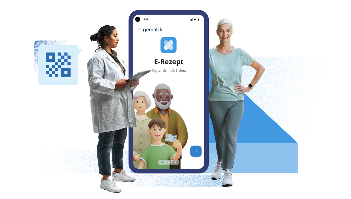 Eine Frau und ein Arzt die neben einem mannshohen Smartphone stehen, auf dem die E-Rezept-App abgebildet ist