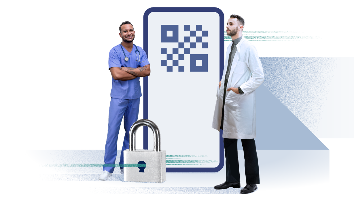 Eine Frau und eine die Ärztin, die neben einem mannshohen Smartphone stehen, auf dem ein illustrierter QR-Code abgebildet ist